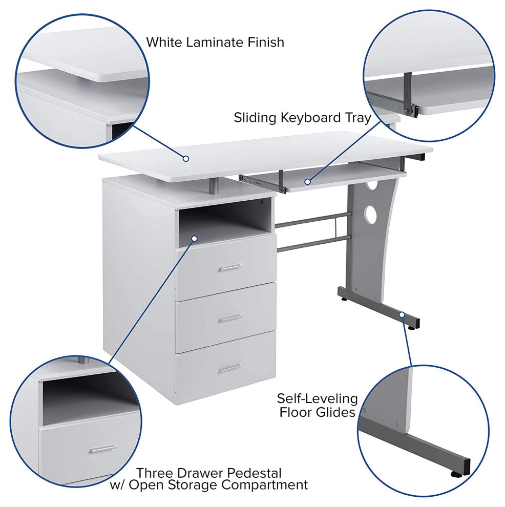 Modern White Desk with Three Drawer Pedestal and Pull-Out Keyboard Tray
