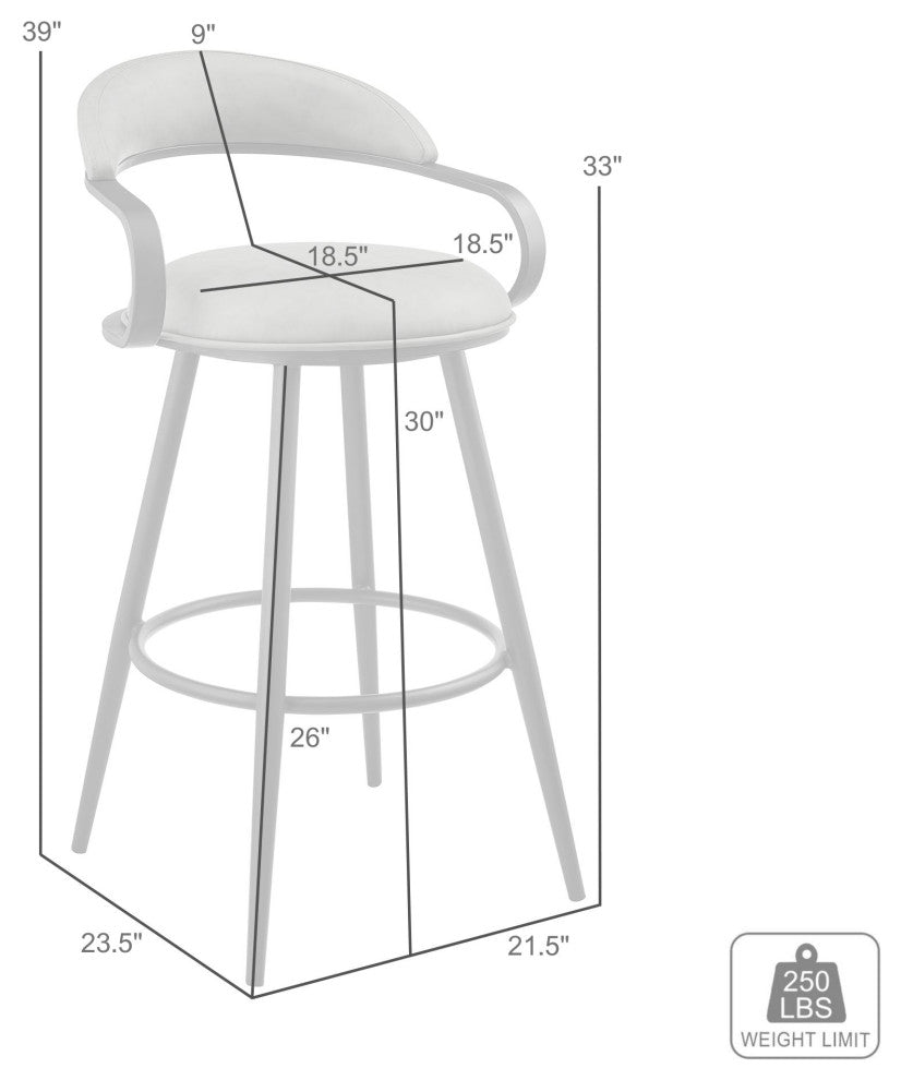 Gardenia Swivel Stool With Black Iron Frame and Faux Leather, Vintage Gray, Bar Height