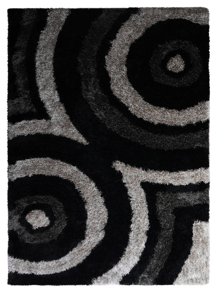 Hand Tufted Shag Polyester Area Rug Geometric Contemporary, Black Beige, [Rectangle] 4'x6'