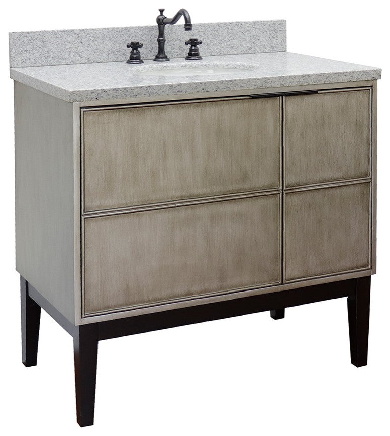 37" Single Vanity, Linen Brown Finish With Gray Granite Top And Oval Sink