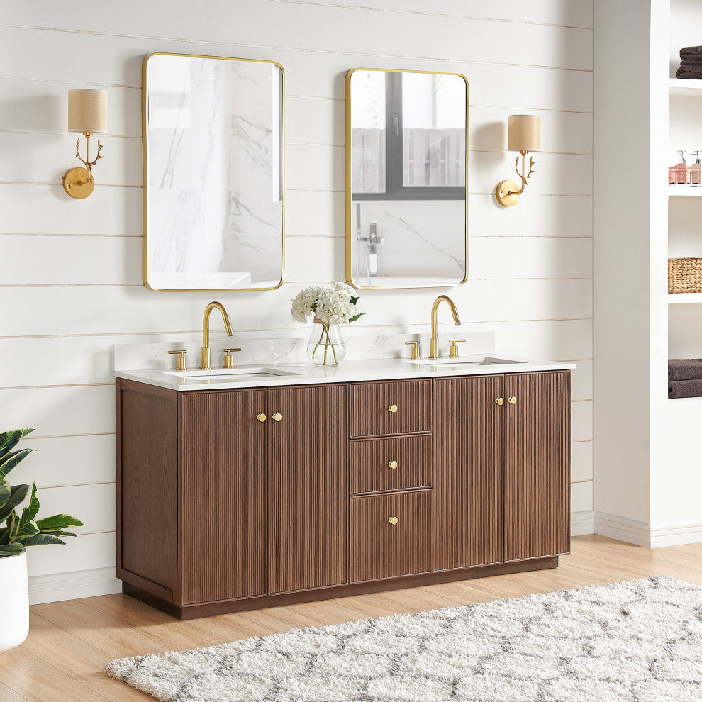 Oza Bath Vanity with Quartz Stone Top, Aged Dark Brown Oak, 72", Double Vanity, No Mirror