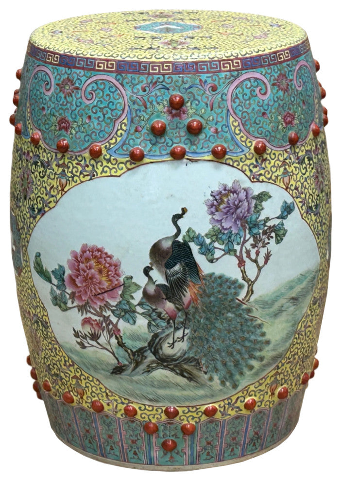 Vintage Famille Rose Yellow Base Peacocks Peony Porcelain Round Stool Hws4350