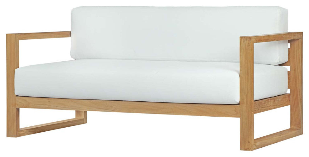 Sectional Sofa Chair Table Set, White Natural, Teak Wood, Modern, Outdoor Patio