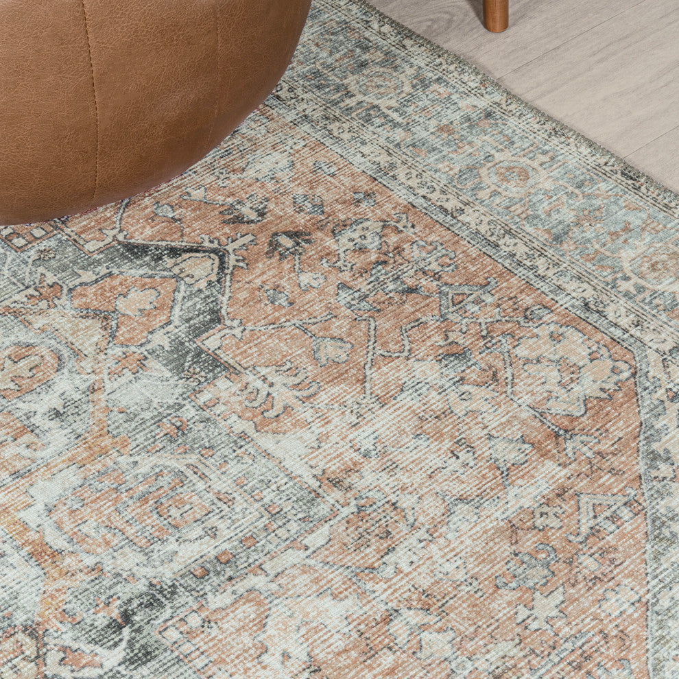 Armae Distressed Chenille Machine-Washable Rug, Terra/Blue, 8 X 10