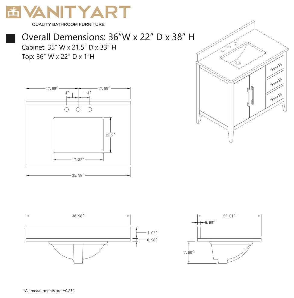 Vanity Art Bathroom Vanity With Sink, White, 36", Single Sink, Matte Black
