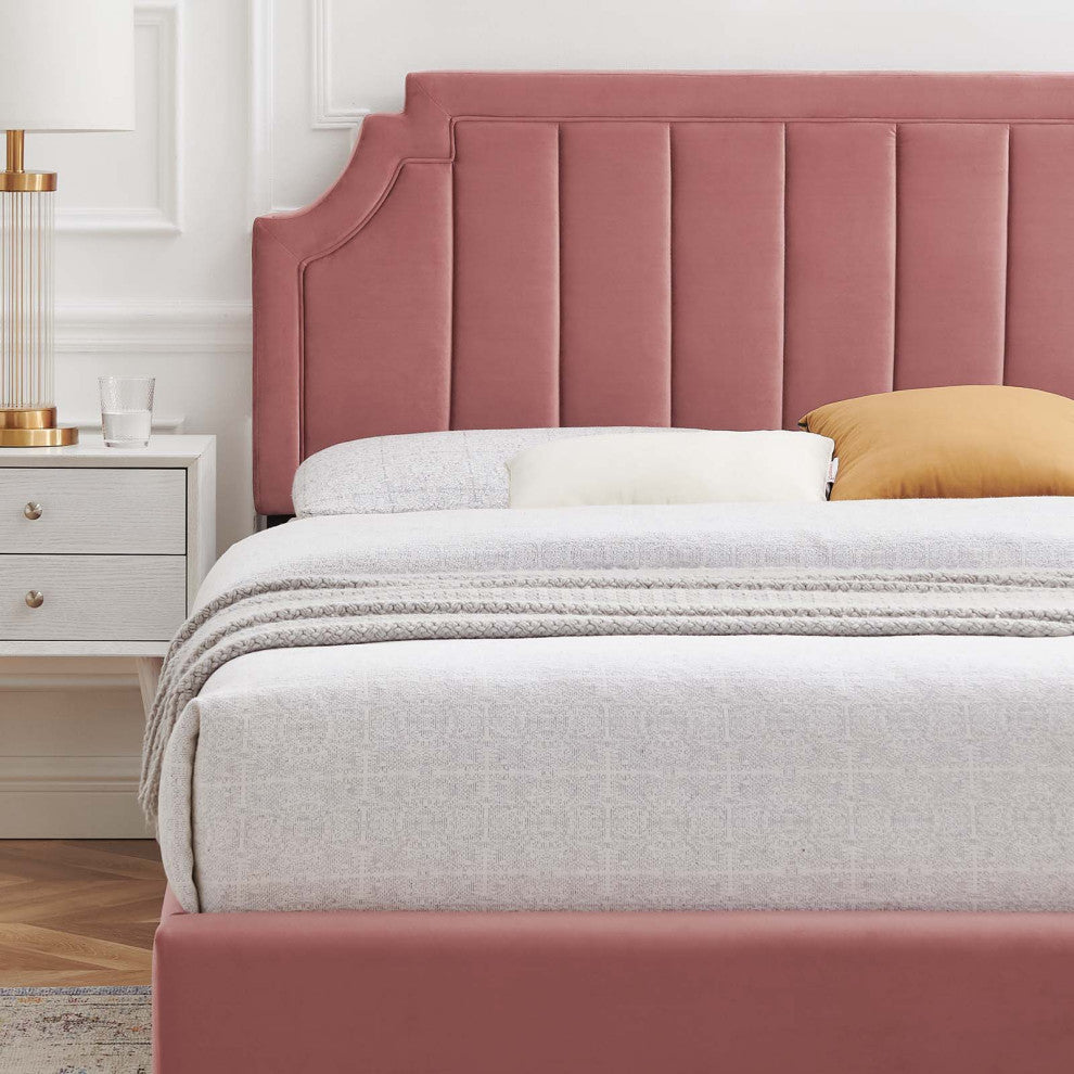 Platform Bed Frame, King Size, Velvet, Pink, Modern Contemporary, Bedroom Master