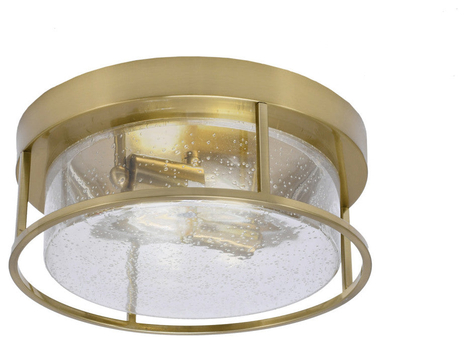 12" 2-Light Flush Mount Light, New Age Brass, Clear Bubble Glass