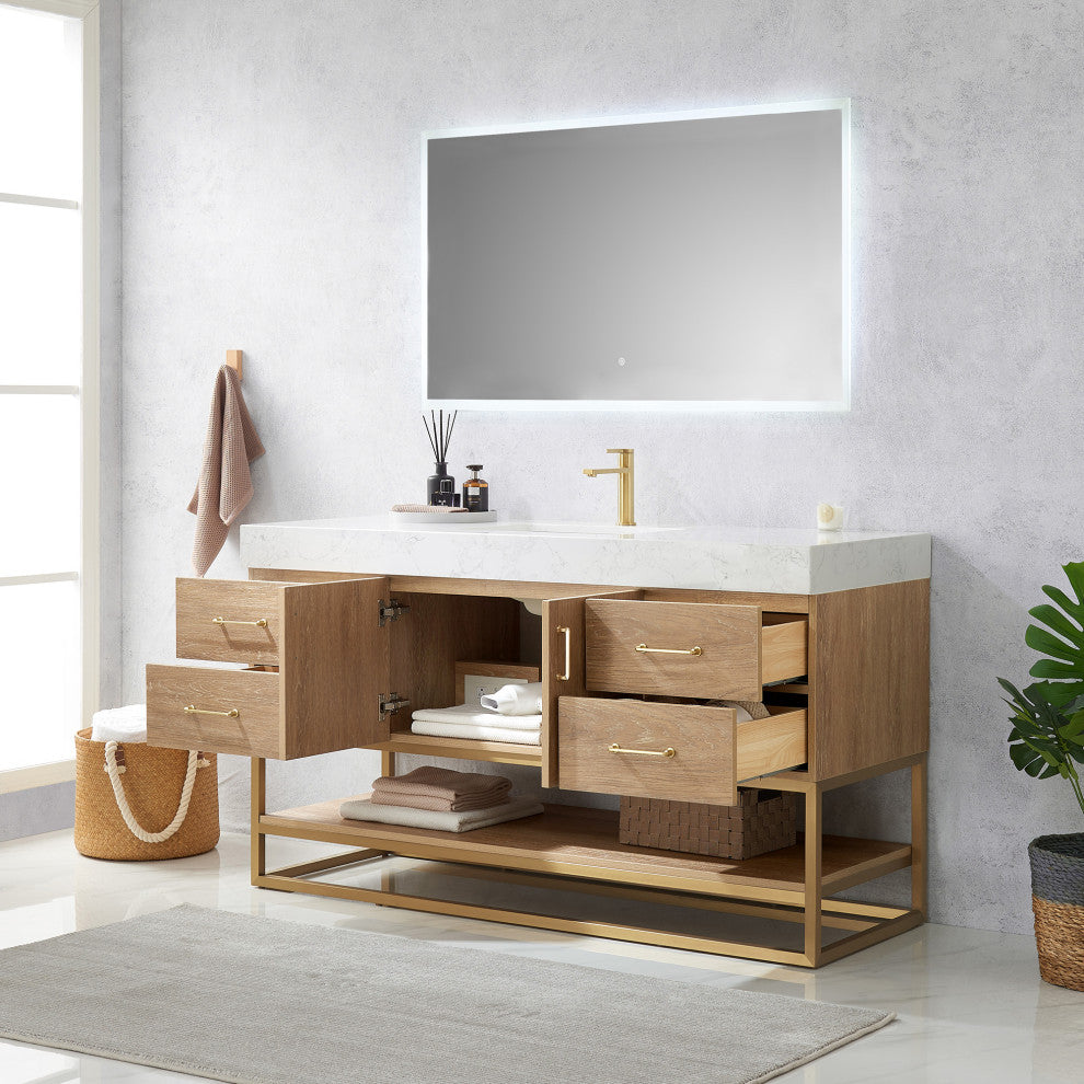 Alistair Vanity, North American Oak With Countertop, 60", With Mirror