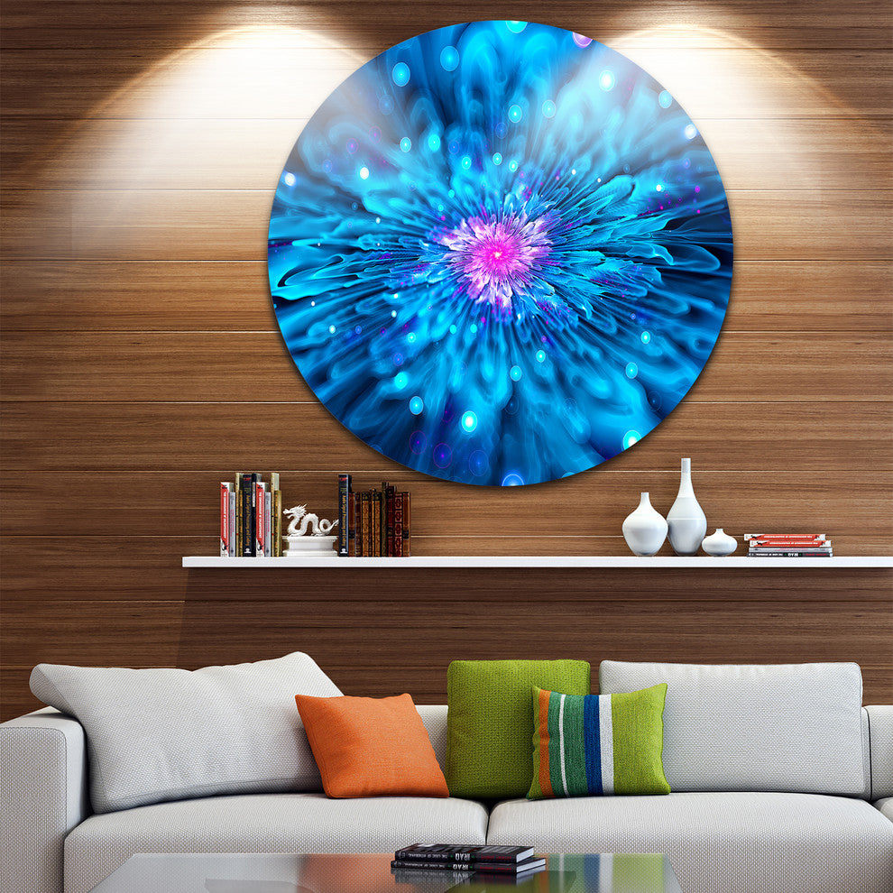 Magical Blue Glowing Flower, Floral Digital Art Disc Metal Artwork, 11"