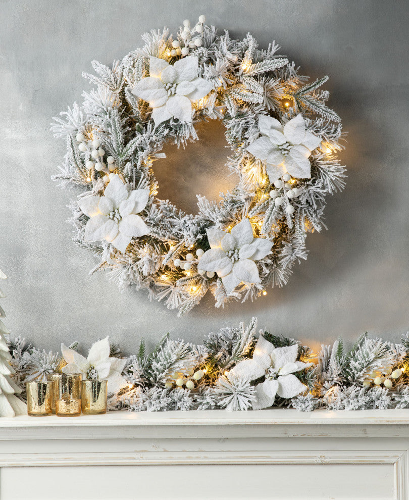 24"D Pre-Lit Snow Flocked Christmas Wreath and Matched 2-Pack 9' Garland Set