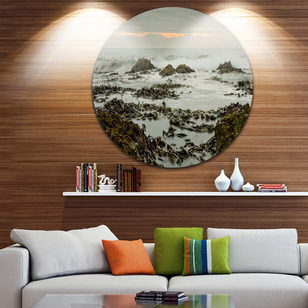 Gloomy Sunset Over Rocks And Waves, Seashore Disc Metal Wall Art, 11"