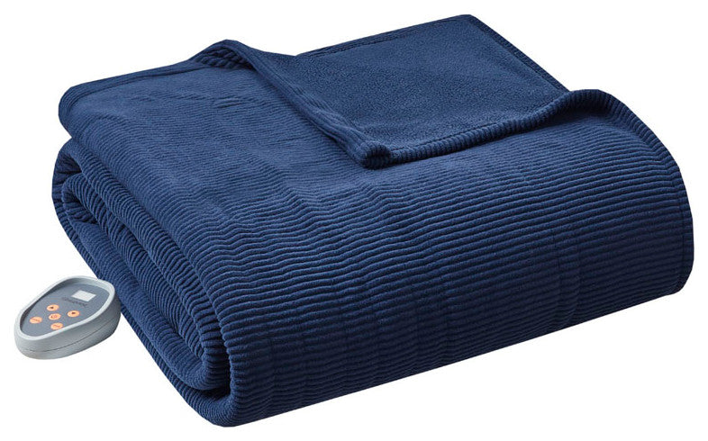 Beautyrest Electric Micro Fleece Heated Electric Bedding Blanket, Navy Blue, Kin