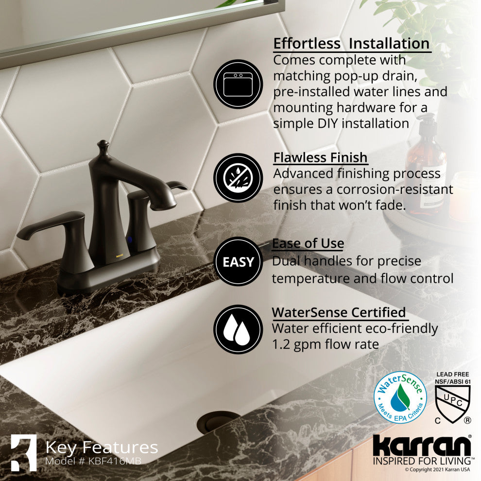 Karran 2-Hole 2-Handle Bathroom Faucet With Pop-Up Drain, Matte Black