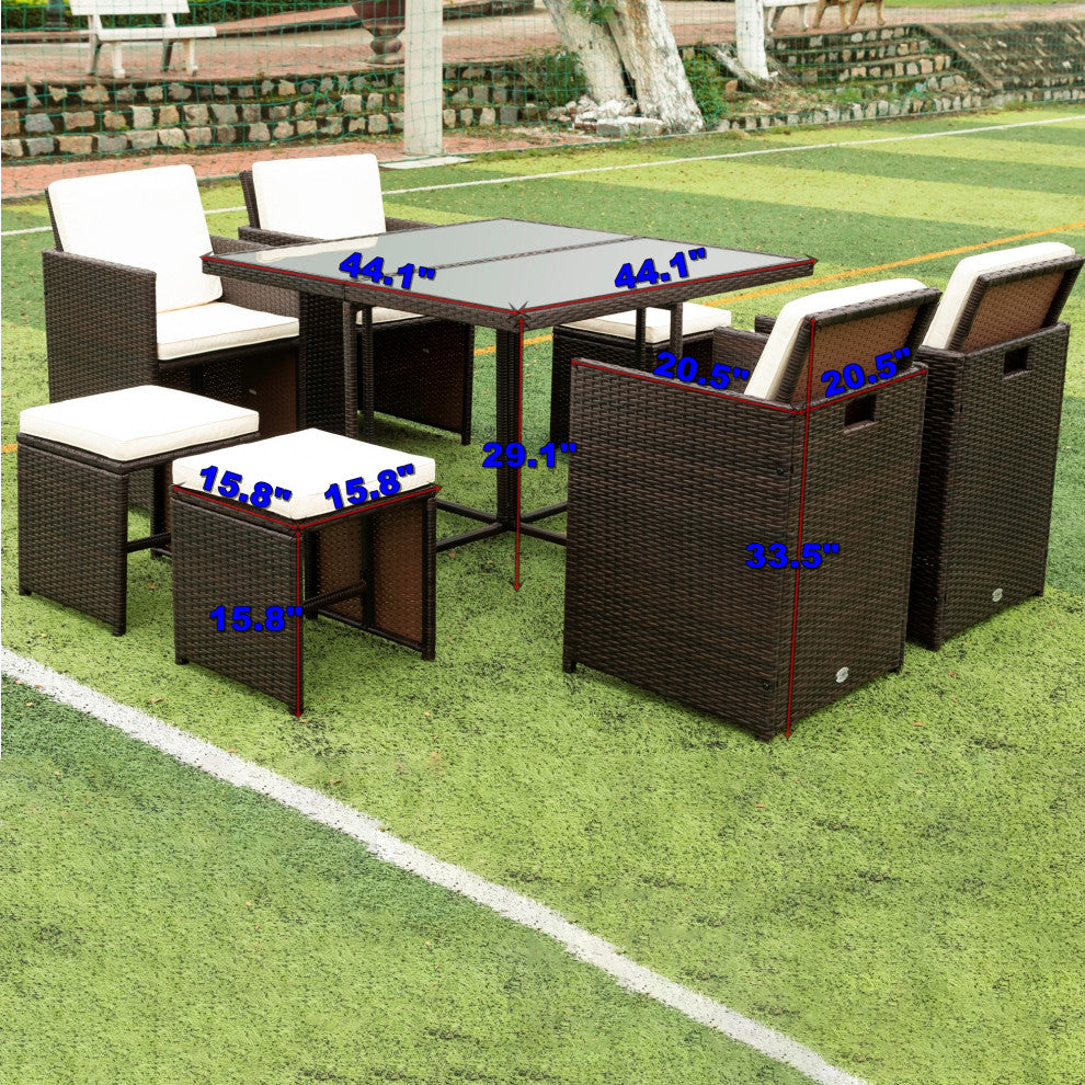 9 Pieces Outdoor Patio Rattan Dining Set Outdoor Space Saving Chairs With Glass