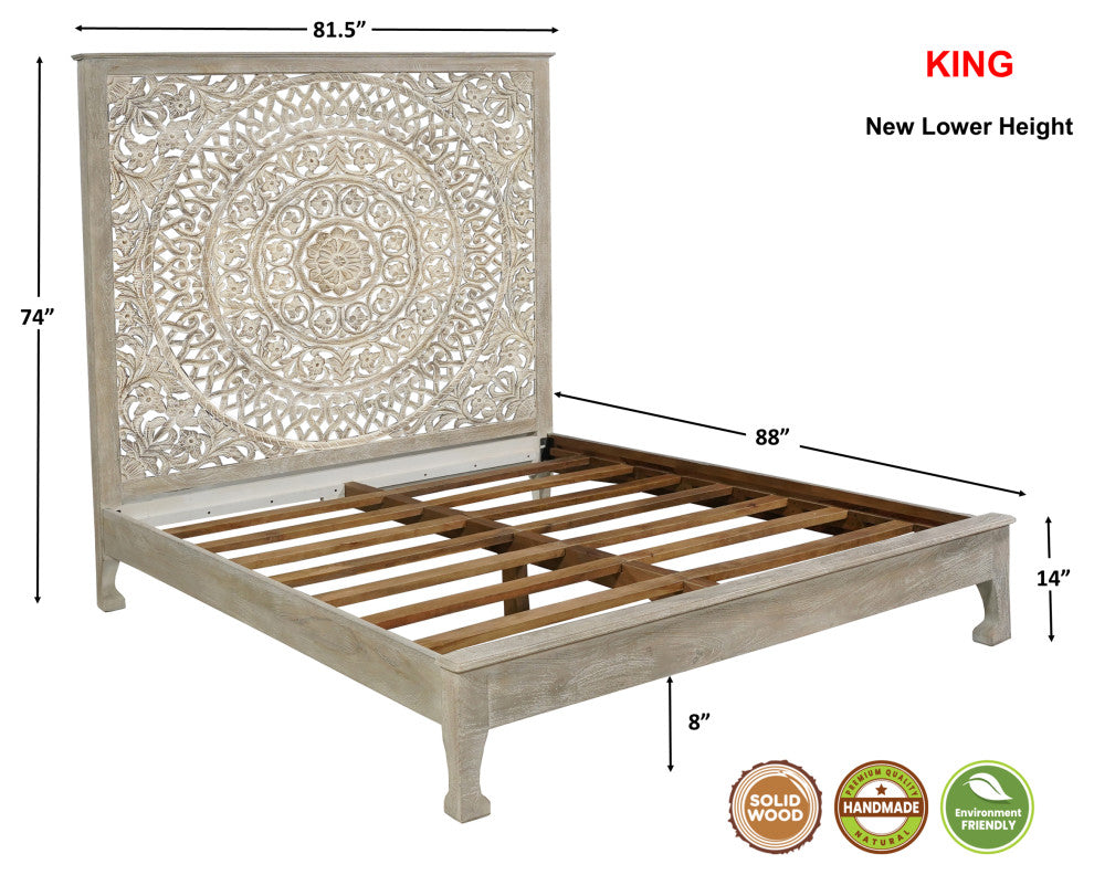 Milano Floral Carved Solid Wood Queen Panel Bed, Gray, King