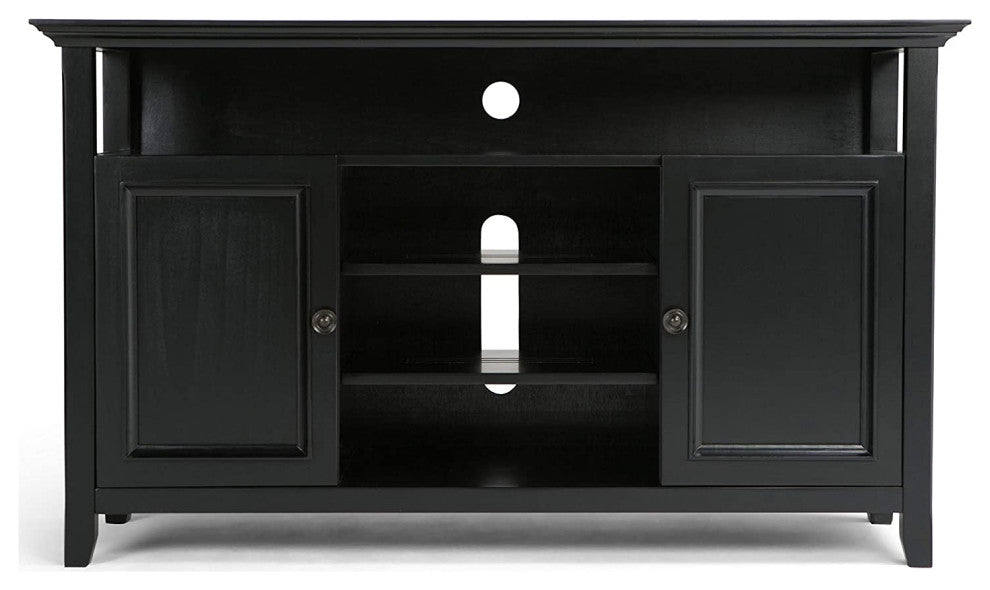 Transitional Black TV Stand, Open Shelves & Side Cabinets With Doors