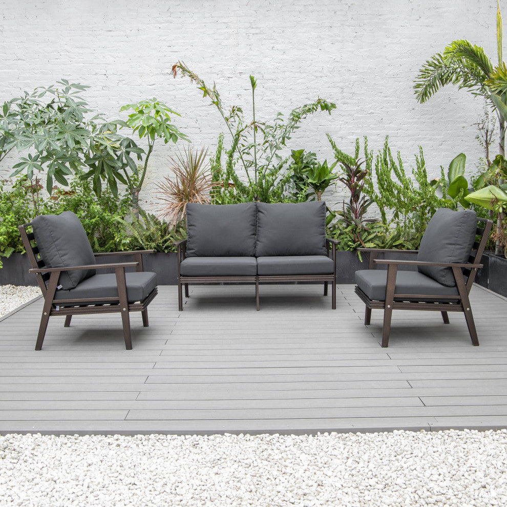 LeisureMod Walbrooke 3-Piece Patio Set With Brown Aluminum Frame and Cushions, Charcoal