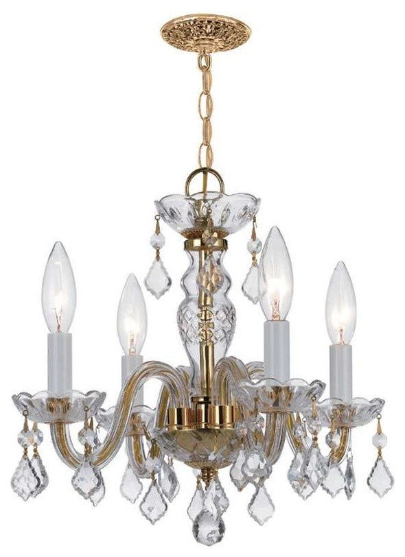 4-Light Mini Chandelier, Polished Brass, Clear Hand-Cut Crystals