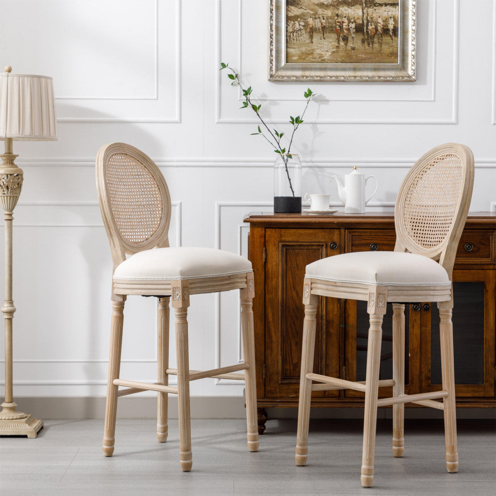 Elegant French High-Bar Chairs with Rattan Mesh Backrest and Solid Wood Frame, Cream Beige