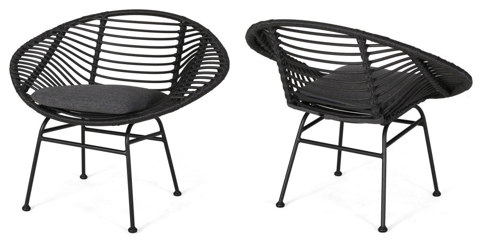 Aleah Indoor Woven Faux Rattan Chairs With Cushions, Set of 2, Gray, Dark Gray