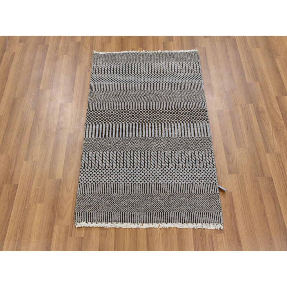 Chrome Gray Dyed 100% Wool Modern Grass Design Hand Knotted Mat Rug, 2'2"x3'3"