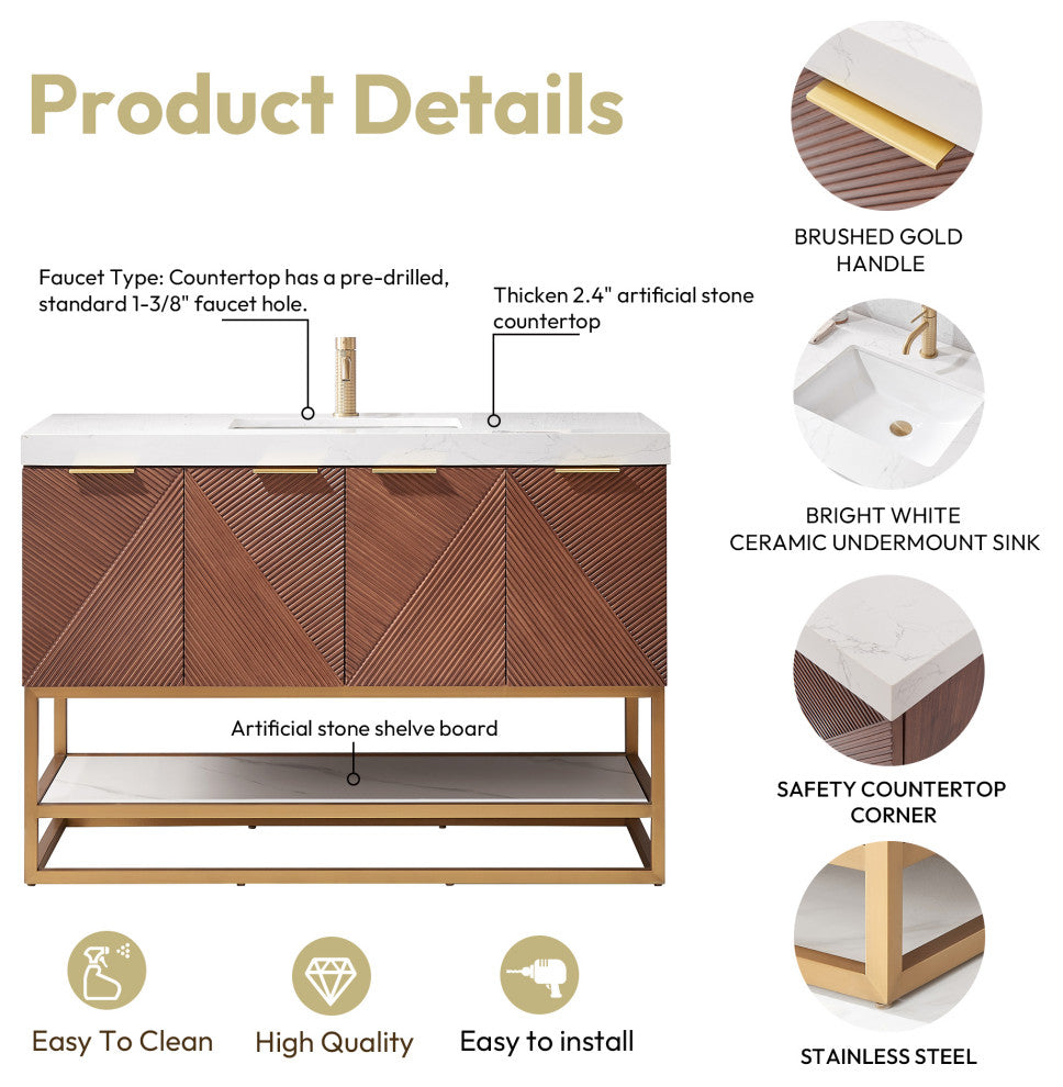 Mahon Bath Vanity, Stone Top, Brushed Gold Base, 48", Single Vanity, No Mirror