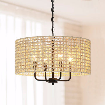 20" 4-Light Rattan Drum Chandelier Light With Black Canopy