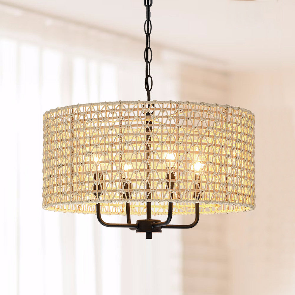 20" 4-Light Rattan Drum Chandelier Light With Black Canopy
