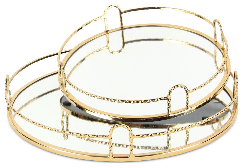 Mianzi Round Quilted Rim Gold Metal Trays (Set of 2)