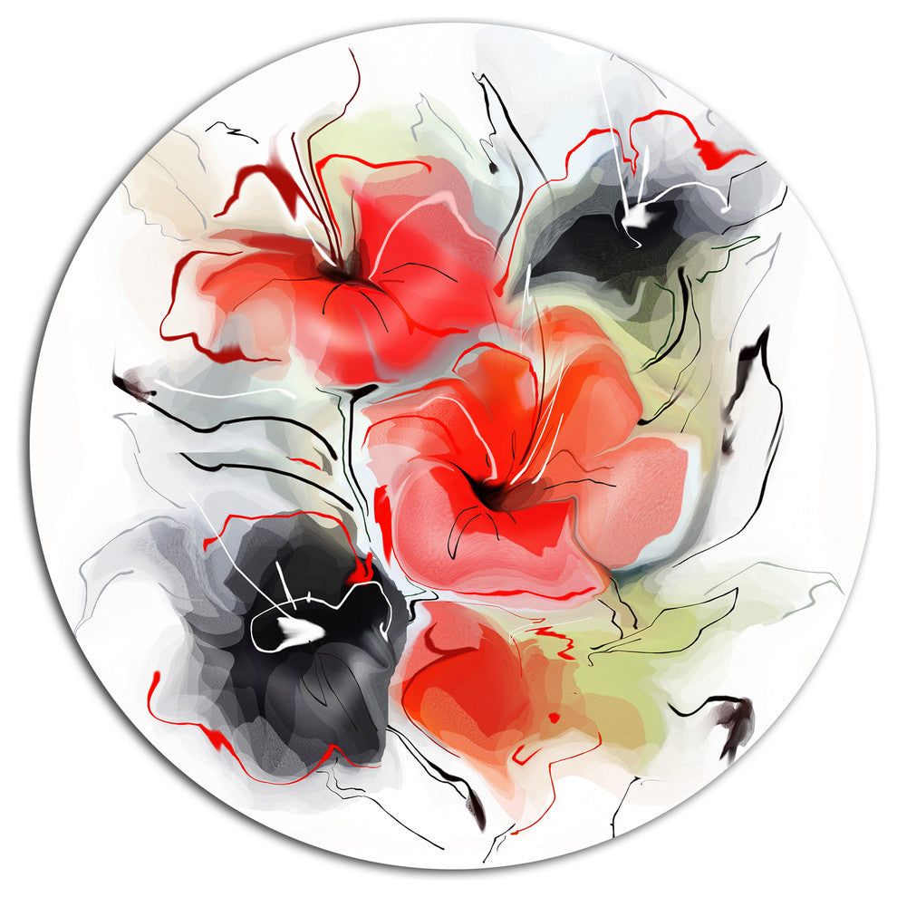 Red Black Abstract Floral Design, Floral Round Wall Art, 23"