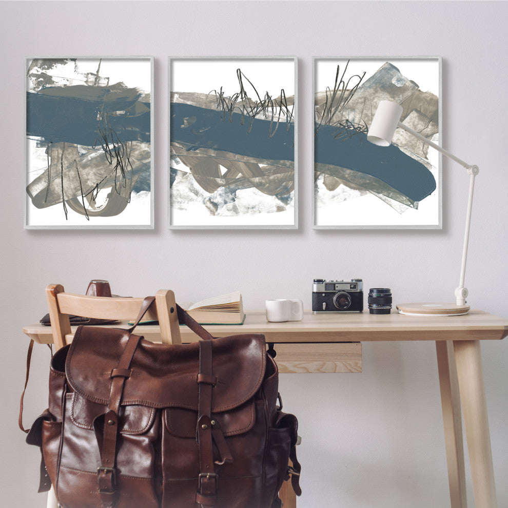 Abstract Line Painting Bold Blue Busy Grey Movement,3pc, each 24 x 30