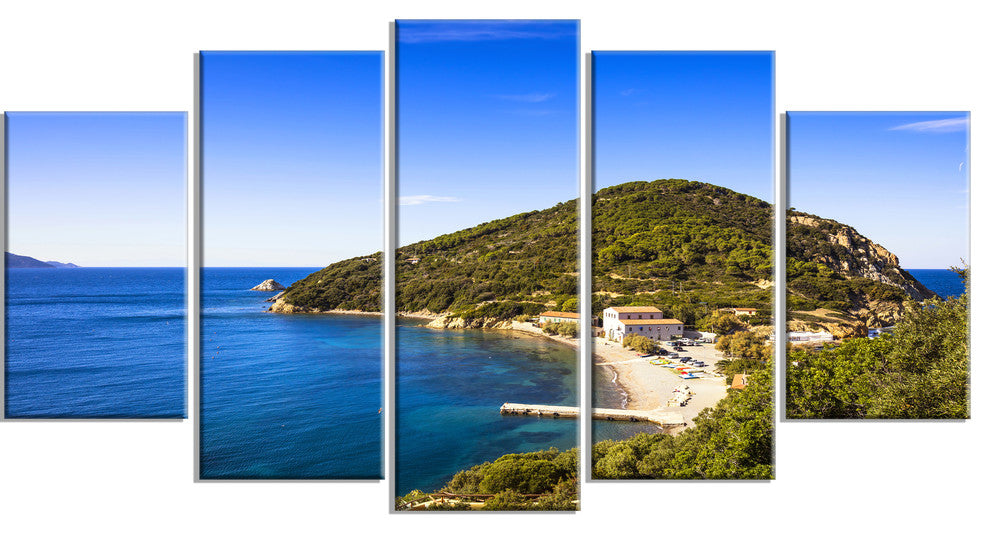 "Blue Seashore At Elba Island" Seashore Wall Art, 5 Panels, 60"x32"