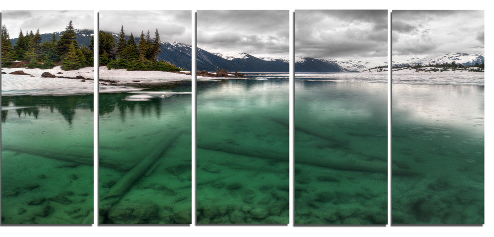 Crystal Clear Lake and Mountains, Landscape Canvas Print, 60"x28", 5 Panels