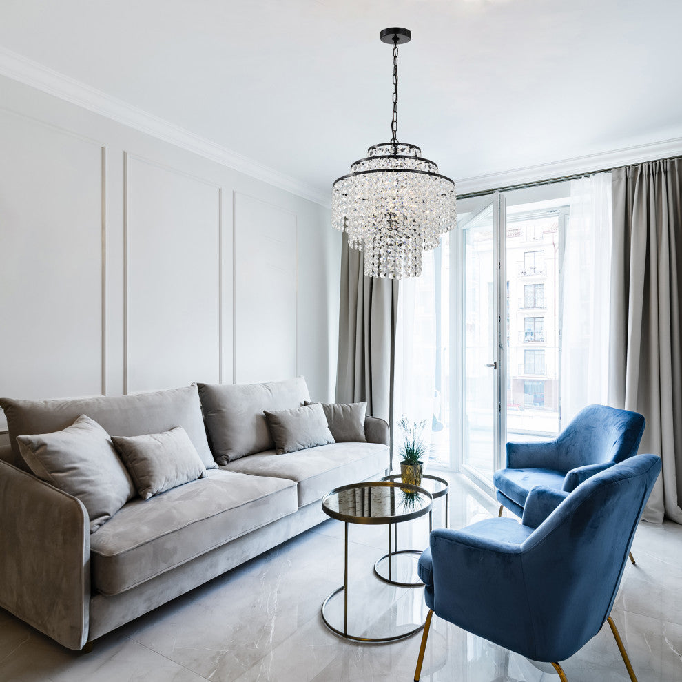 4-Light Antique Black Modern Glam Chandelier With Tier Cascading Crystals