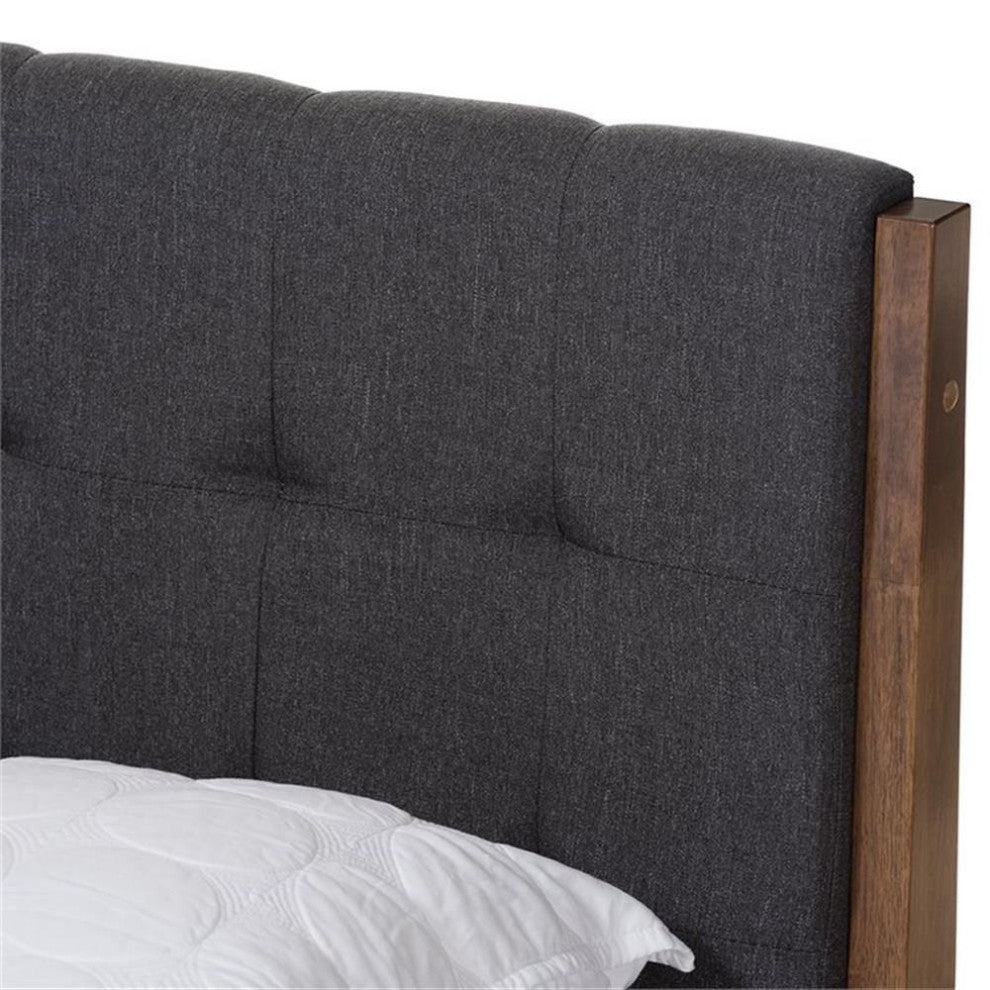 Bowery Hill Mid Century Fabric King Platform Bed in Gray/Walnut Brown