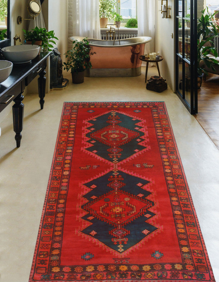 Fine Vintage Distressed Marjorie Red/Navy Runner, 4'7x10'4