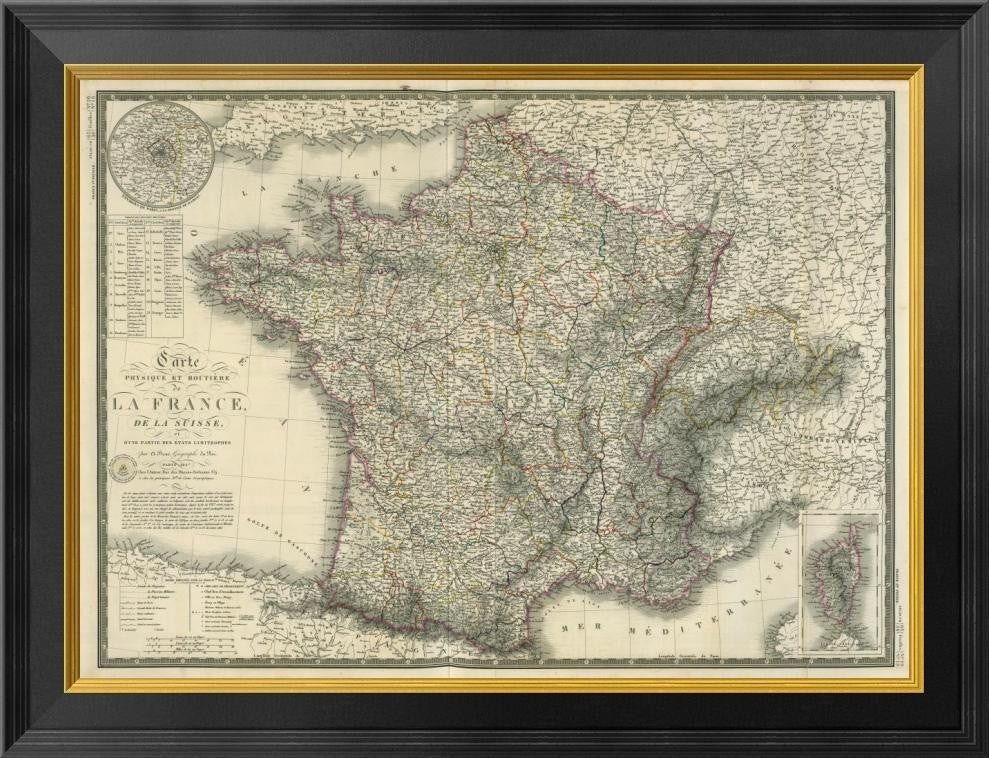 Carte Physique Et Routiere De La France, De La Suisse, 1827, 26"x1.5"x20"
