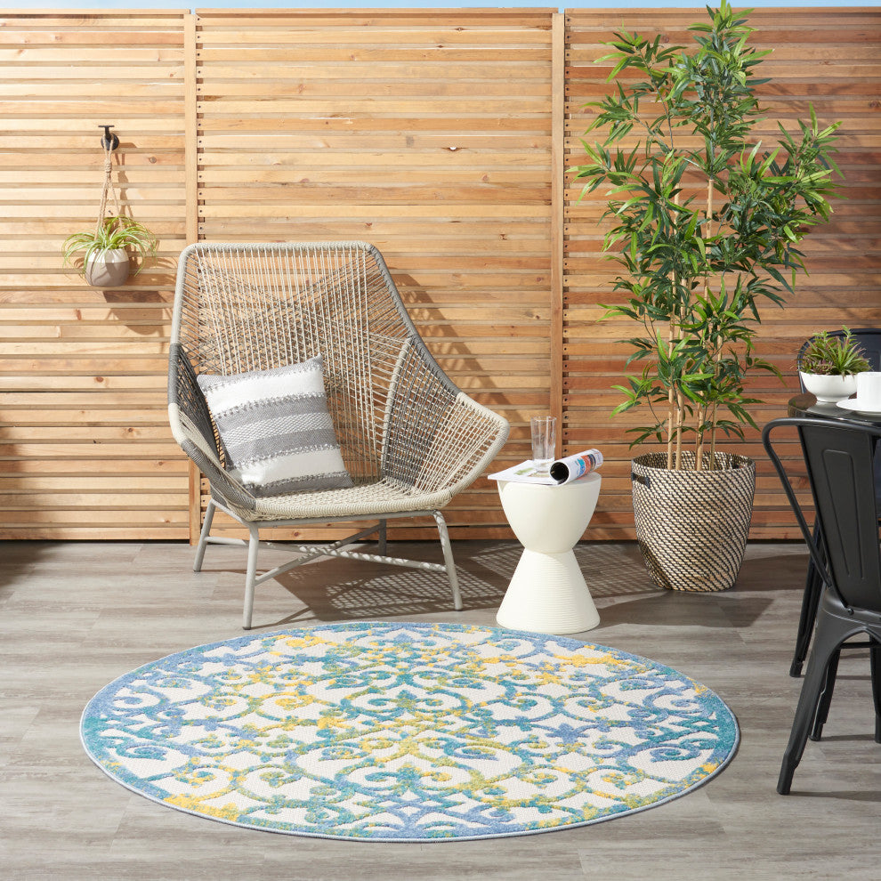 Nourison Aloha 4' x Round Ivory Blue Contemporary Area Rug