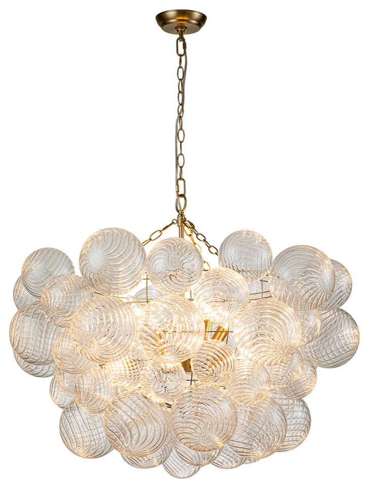 Contemporary Clear Ribbed Bubble Chandelier, Brass, 8 Lights