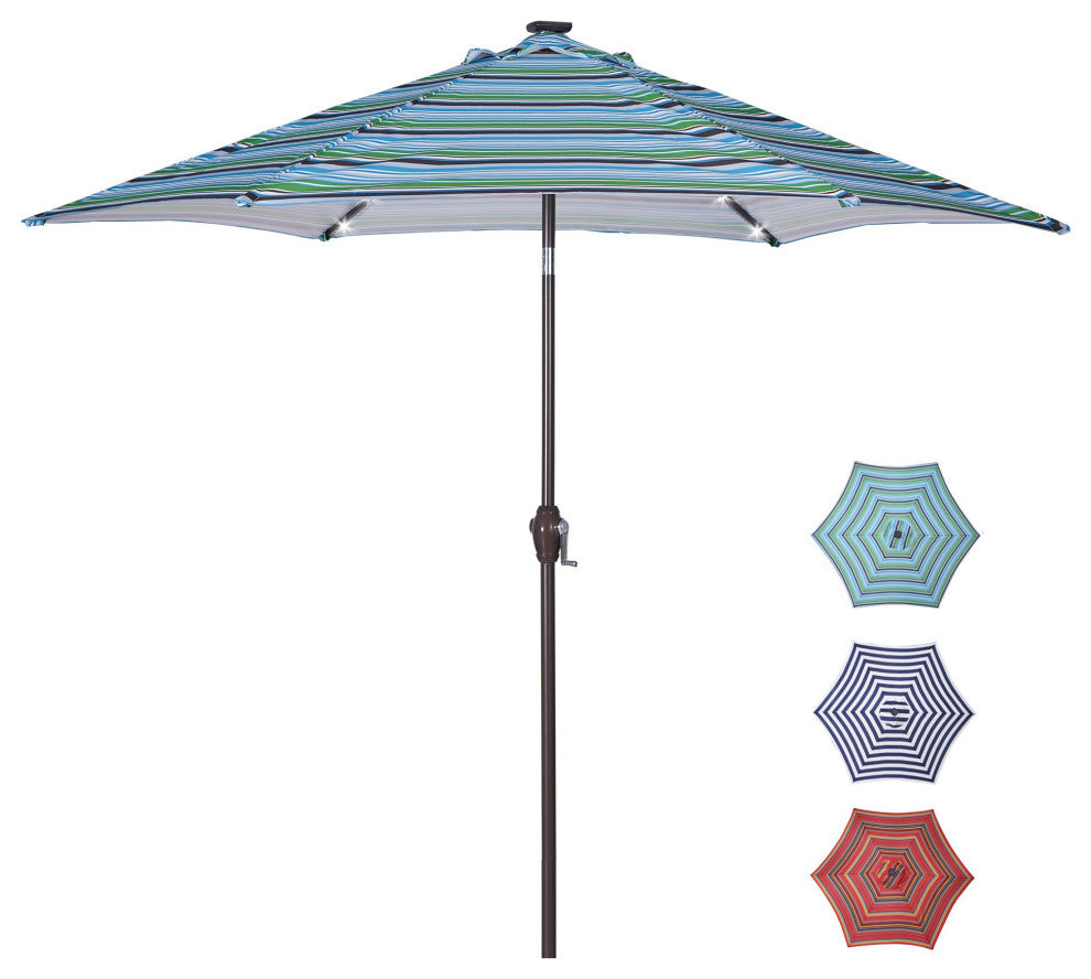 9' Outdoor Patio Steel Market Umbrella With 24 LED Lights, Blue Striped
