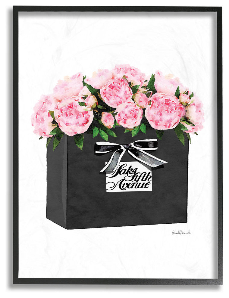 High End Black Shopping Bag Filled with Pink Peonies Framed Giclee, 16"x20"
