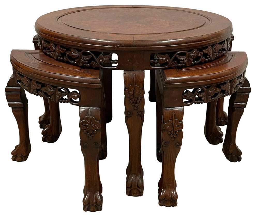 Consigned Antique Chinese Rosewood, Burl Wood Top Coffee Table w/4 Nesting stool
