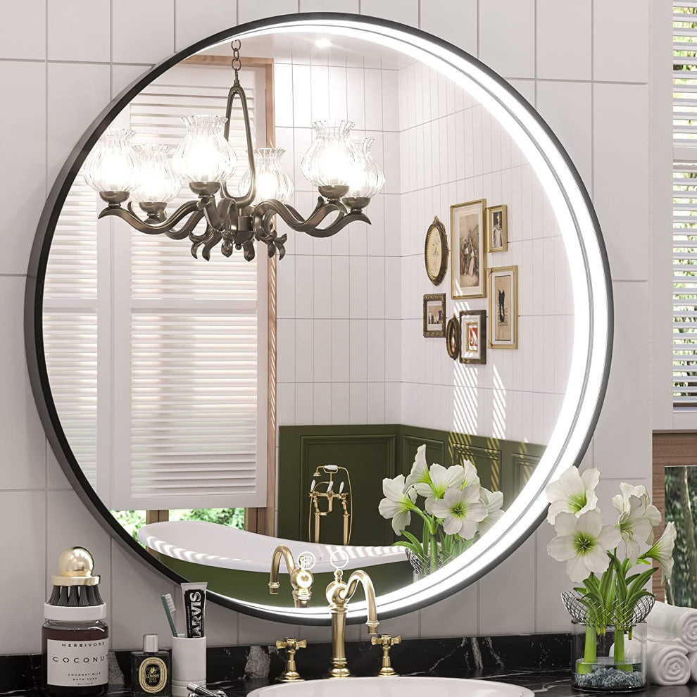 Metal Framed Round LED Vanity Mirror Anti-Fog Wall Mount Makeup Mirror, 28"