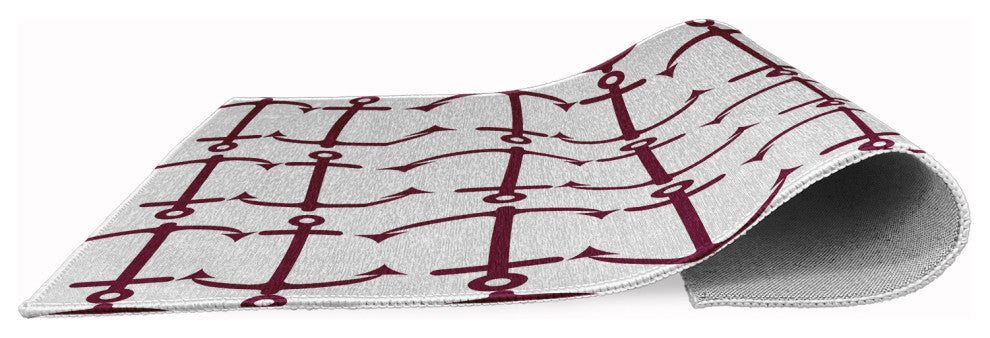 Anchor Pattern Nautical & Coastal Chenille Area Rug, Maroon Red, 5' Round
