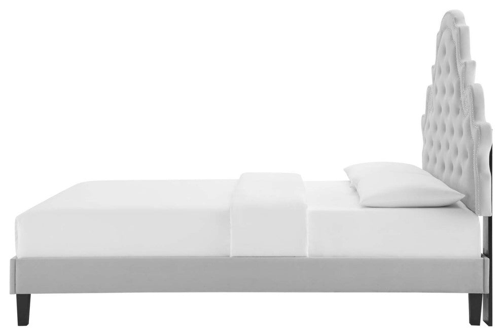 Tufted Platform Bed Frame, Twin Size, Velvet, Gray, Modern Contemporary