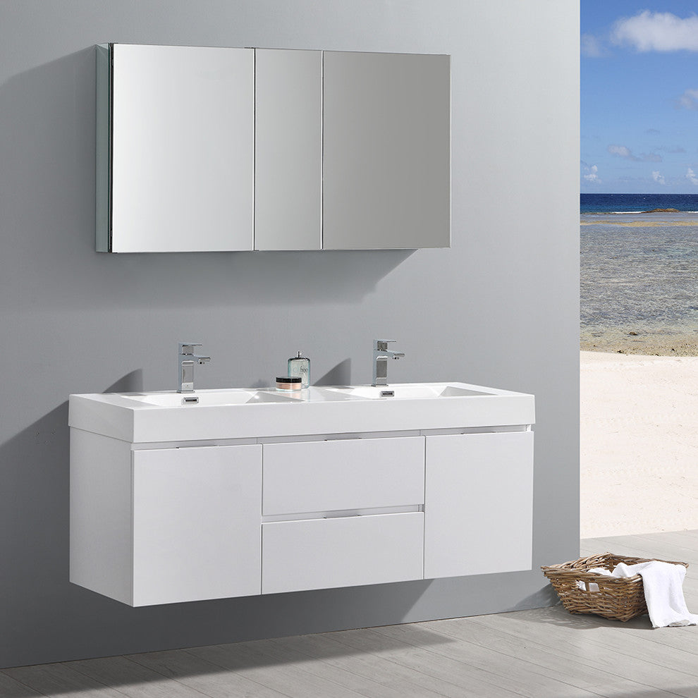 Valencia 60" Glossy White Wall Hung Double Sink Vanity, Faucet FFT1053CH