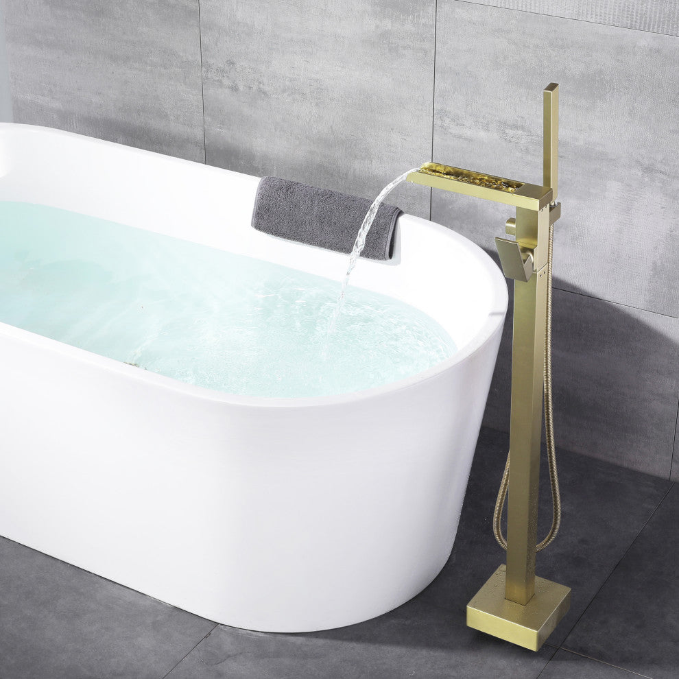 Waterfall Floor Mounted Tub Faucet With Hand Held Shower, Brushed Gold