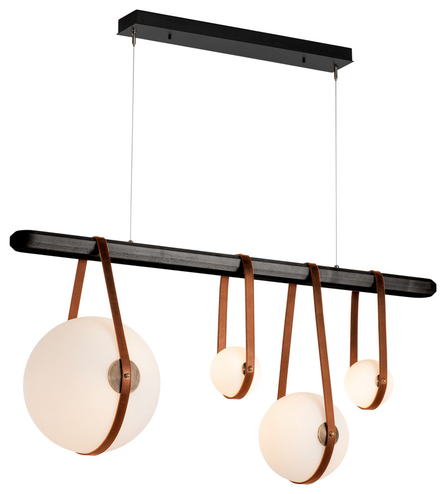 Derby Linear 4-Light LED Pendant, Antique Brass, Chestnut Leather, Black