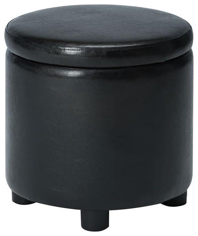 Designs4Comfort Round Accent Storage Ottoman in Black Faux Leather Fabric