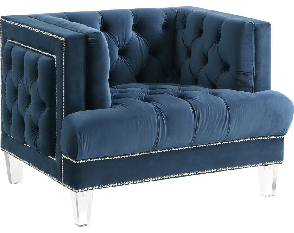 Benzara BM250213 Velvet Upholstered Chair, Tufted Details and Acrylic Legs, Blue
